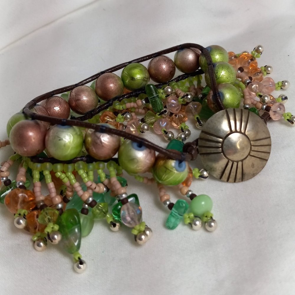 Woven Bracelet Drizzled Glass Beads, Fringe, Flowers, Leaves, Silver Button